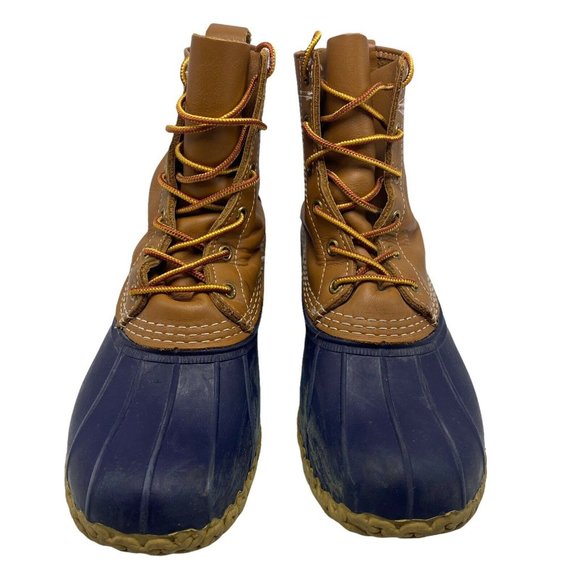 LL BEAN Women’s 8W Navy Brown Leather Classic 8 Inch Unlined Duck Bean Boots - Picture 2 of 10